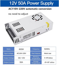 Load image into Gallery viewer, Efficient Switching Power Supply 12V 50A 600W - Adjustable AC 110V/220V Input