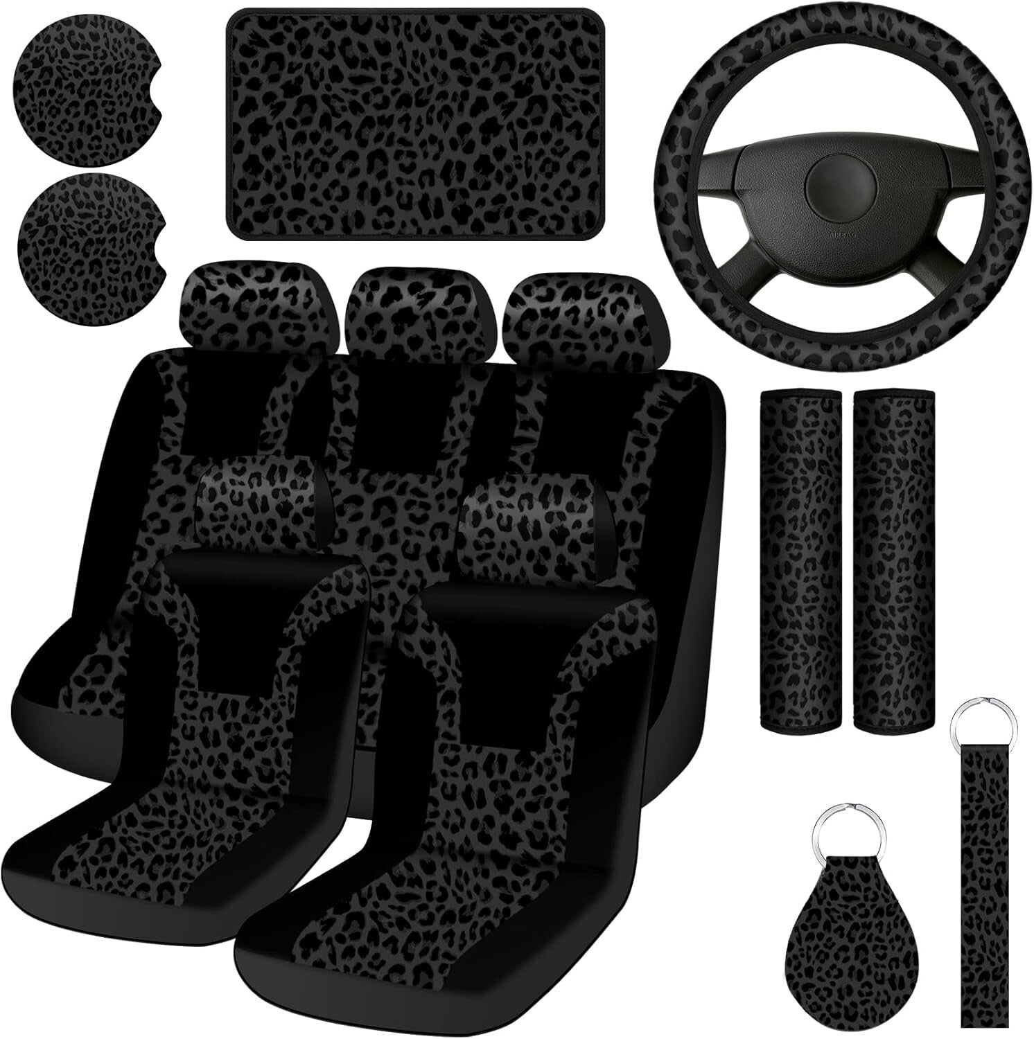 Complete Leopard Print Car Accessories Set - Seat Covers, Steering Wheel & More