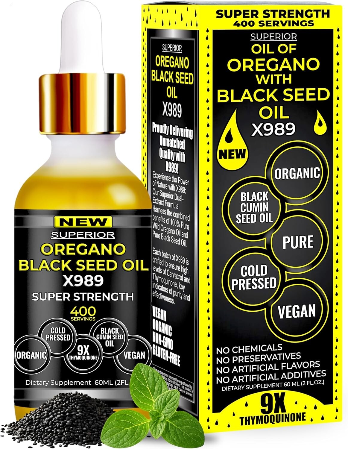 2-in-1 Organic Oregano & Black Seed Oil Drops - 400 Servings, Fast Absorption