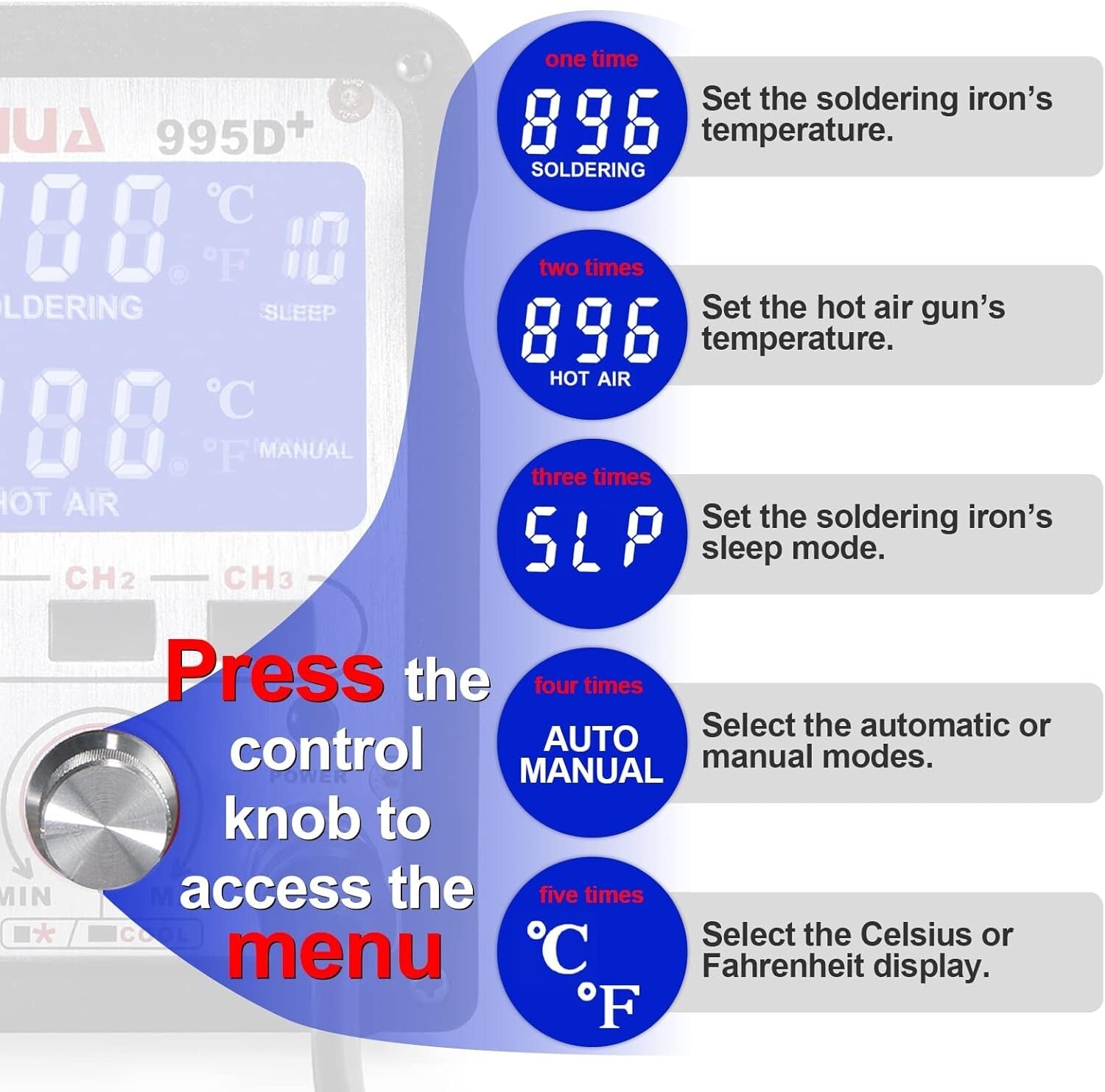 Versatile 995D+ Hot Air Gun & Soldering Iron Station with Programmable Features
