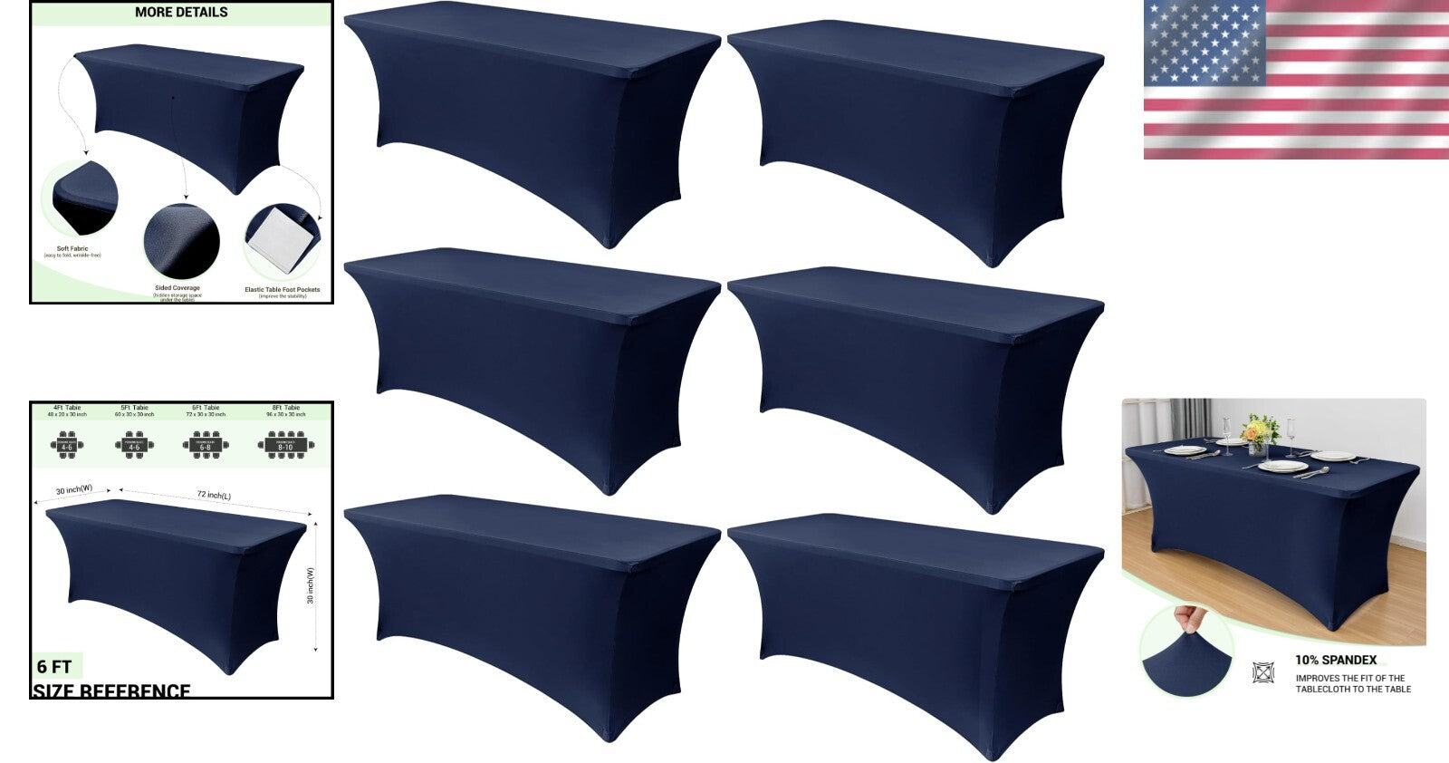 Universal 6ft Spandex Table Covers - 6 Pack for Banquets, Weddings, & Parties
