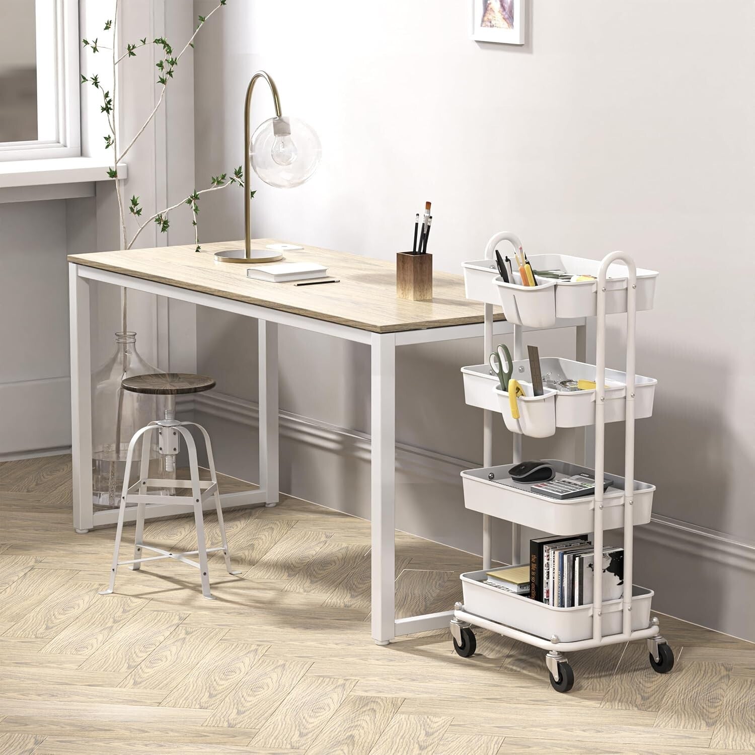 4-Tier Rolling Utility Cart with Hanging Buckets for Stylish Organization