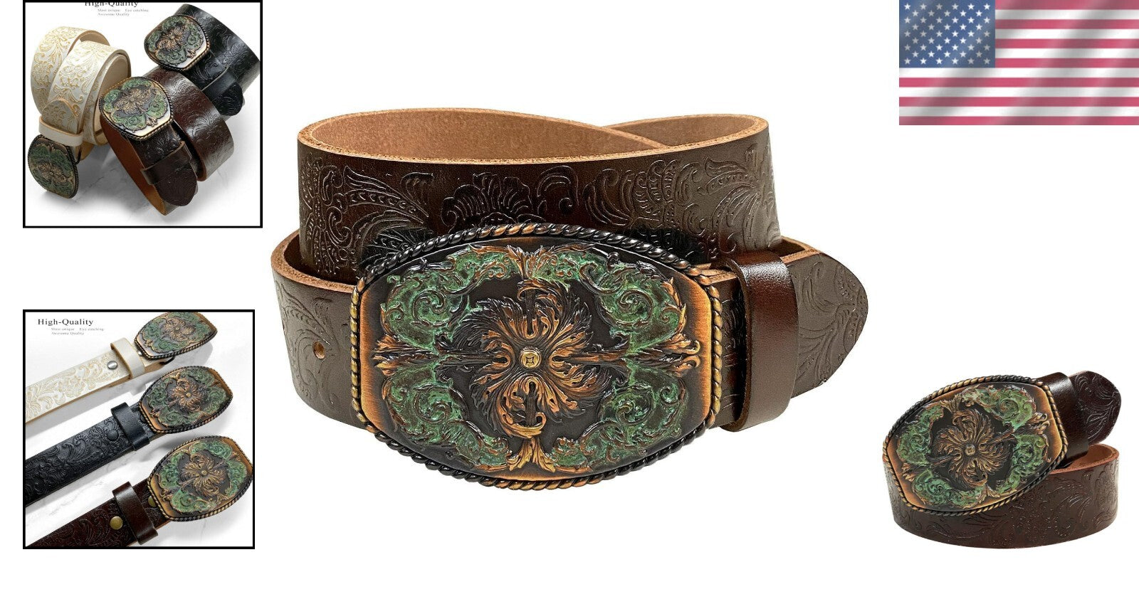 Custom Fit Western Leather Jean Belt with Floral Engraved Buckle – 3 Colors