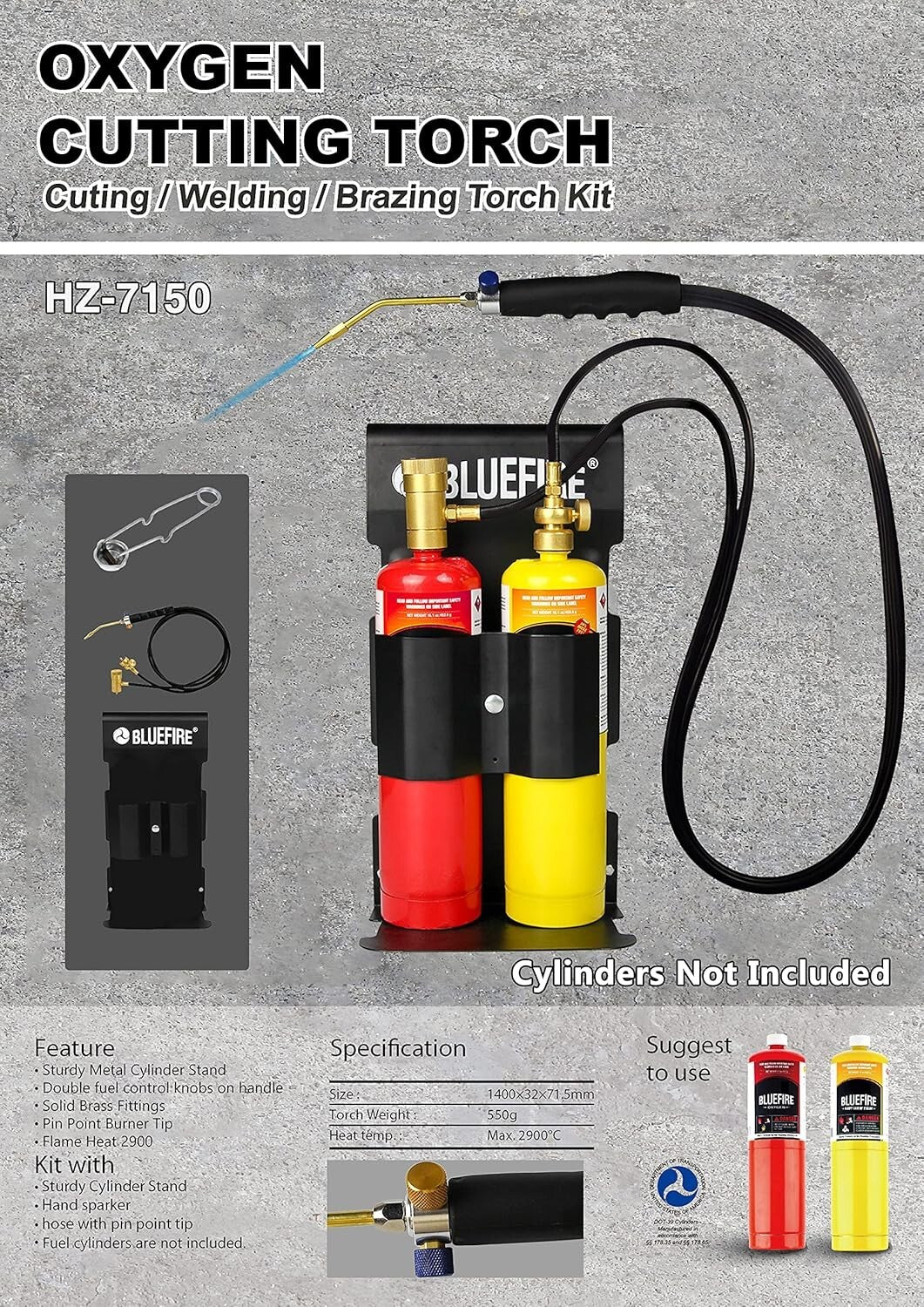 Heavy-Duty Oxypropane Cutting Torch Kit with Flint Lighter - Offers 5252°F Heat