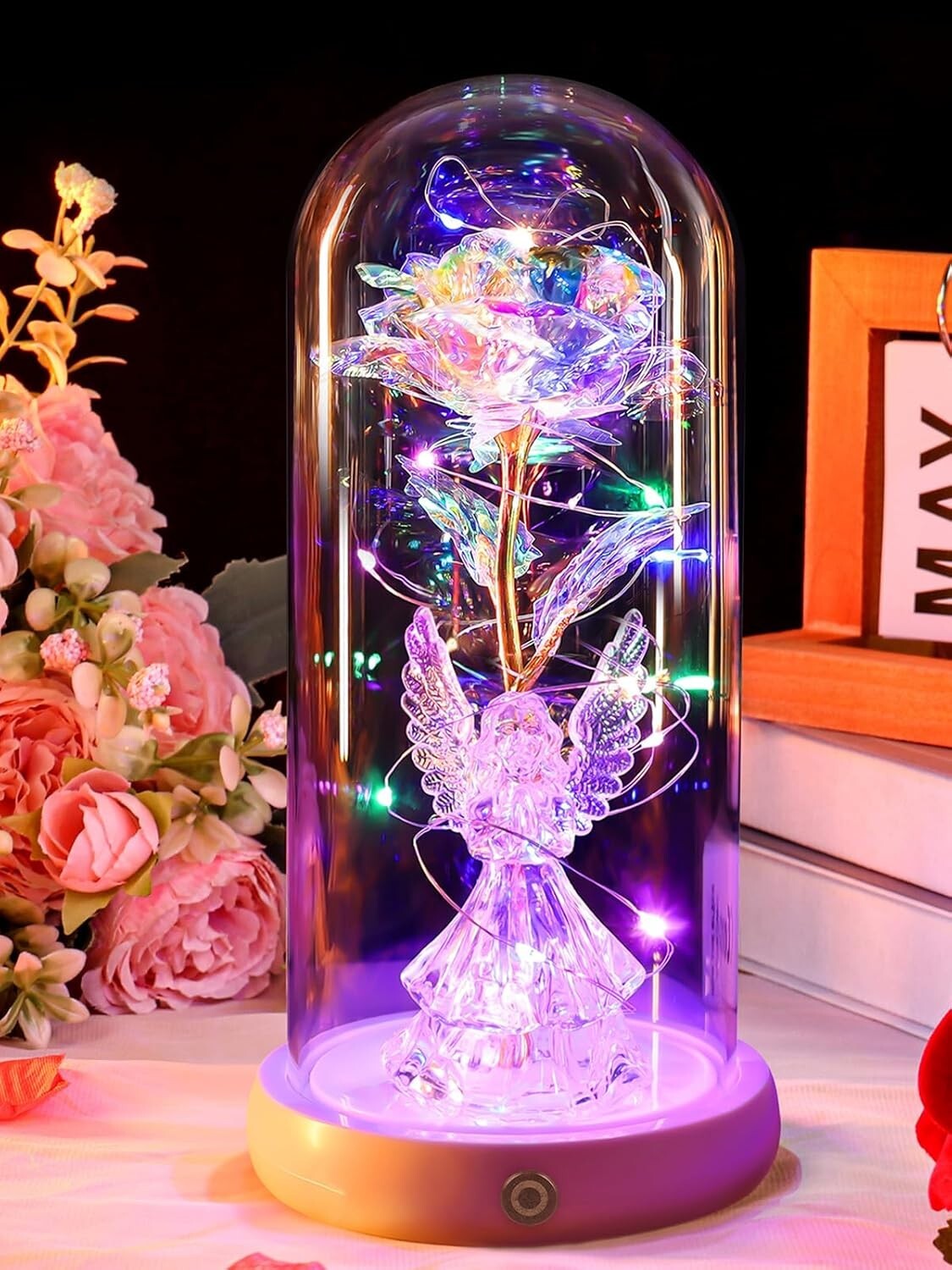 Charming Preserved Rose and Angel Figurine in Glass Dome - Versatile Home Decor