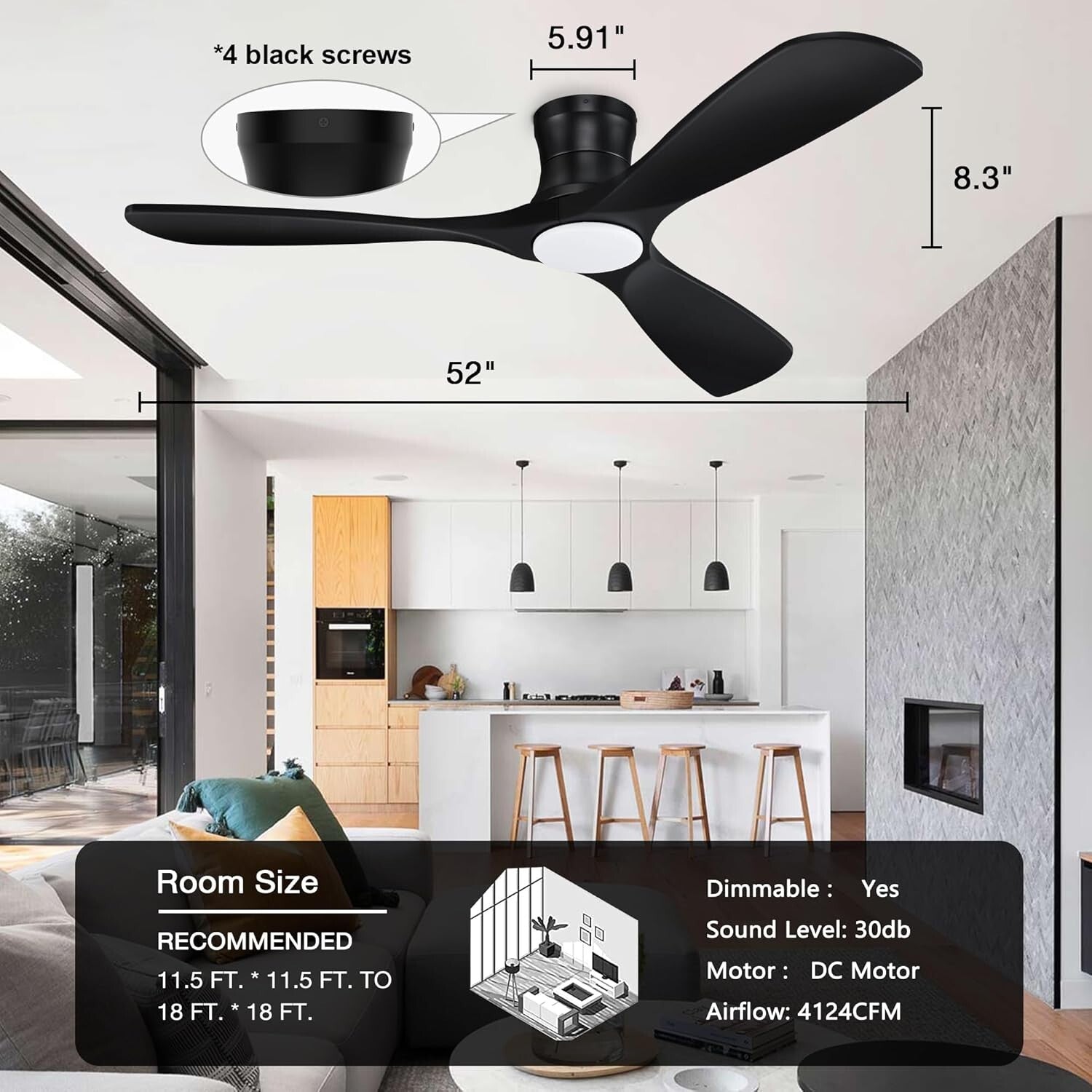 52-Inch Whisper-Quiet Ceiling Fan with Remote & Voice Control - Black Elegance