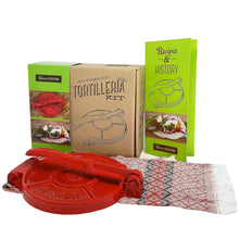 Load image into Gallery viewer, Authentic Cast Iron Tortilla Press with Recipe Booklet &amp; Servilleta Napkin, 6.5"