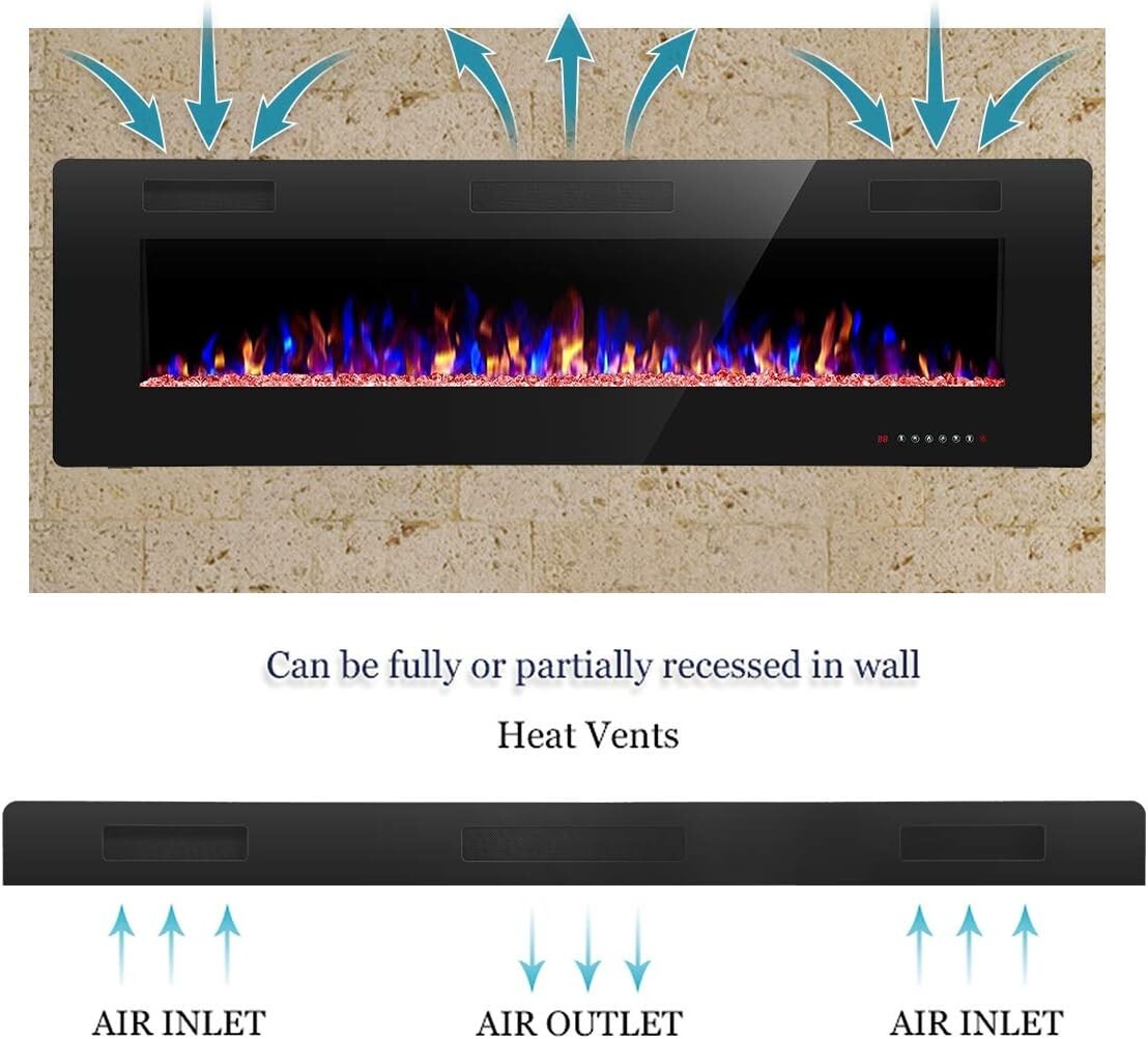 Energy Efficient 60" Electric Fireplace - Wall Mount with Adjustable Brightness