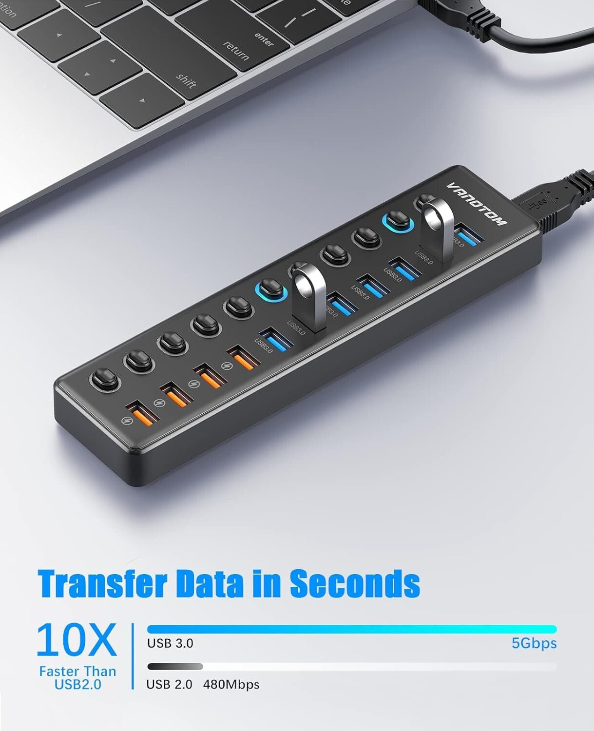 Powered 11-Port USB Hub 3.0 Splitter with Smart Charging & Individual Switches