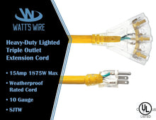 Load image into Gallery viewer, 10 ft Heavy Duty Extension Cord with 3 Outlets - Yellow Waterproof Solution