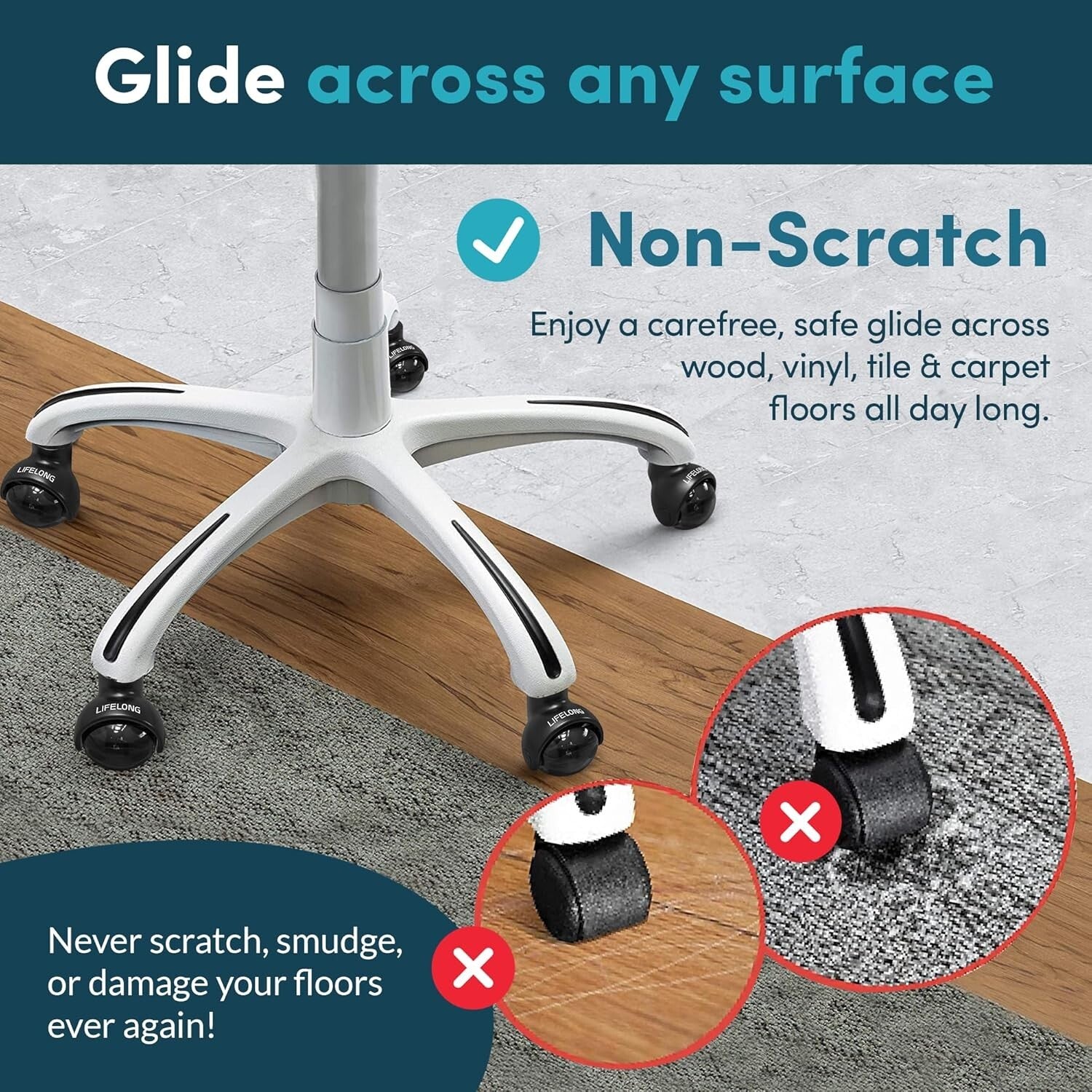 Durable Replacement Office Chair Wheels - 2 Inch Casters for Hardwood & Carpet