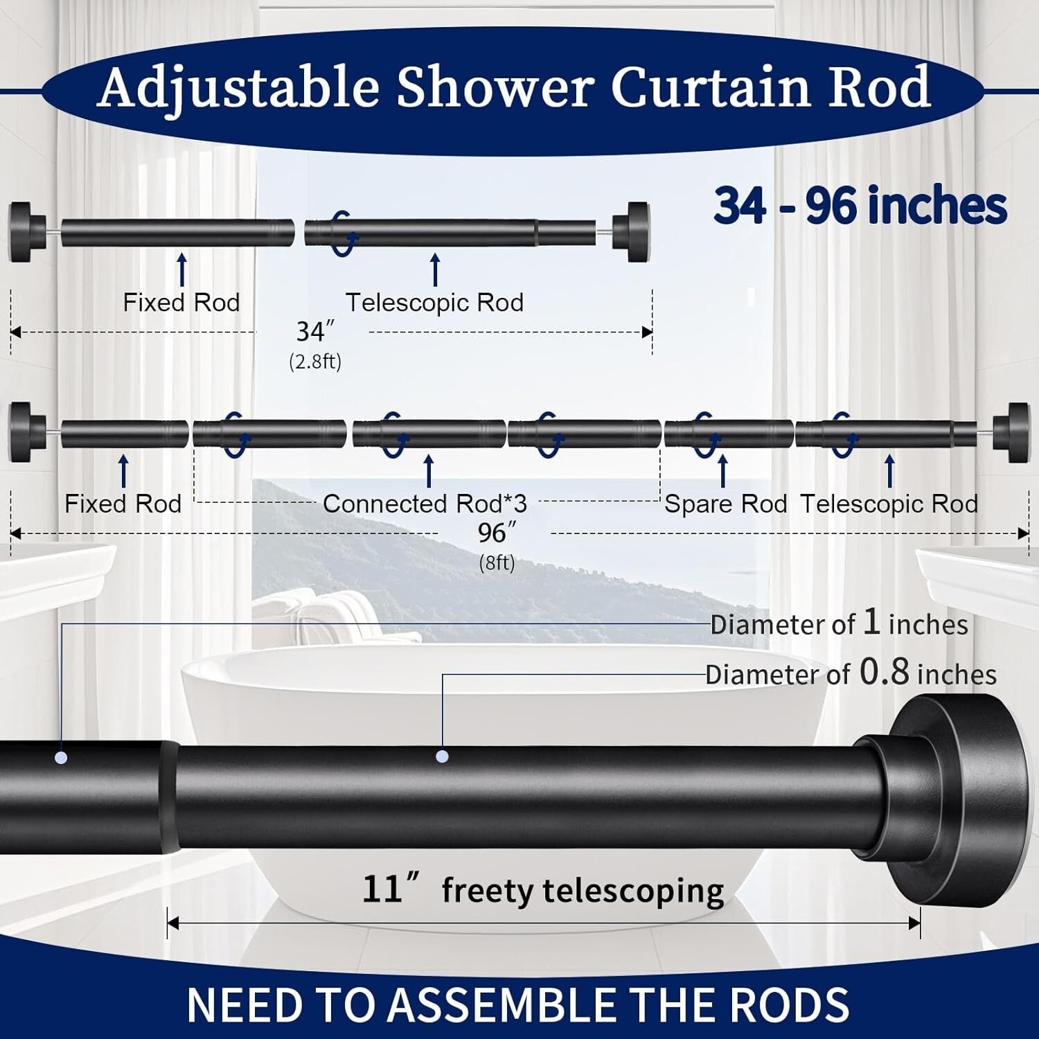 Matte Black No-Drill Shower Curtain Rod 34-96 Inches - Rust-Proof & Easy Install