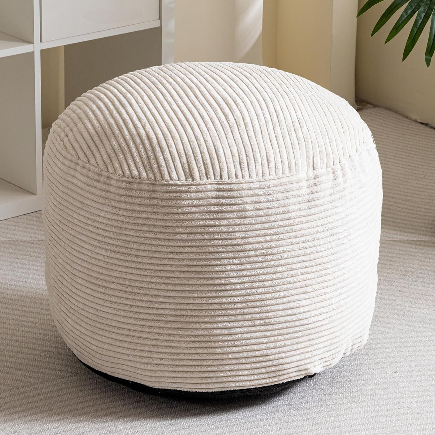 Elegant Round Pouf Ottoman - Cozy Corduroy and Faux Fur Foot Stool in Beige