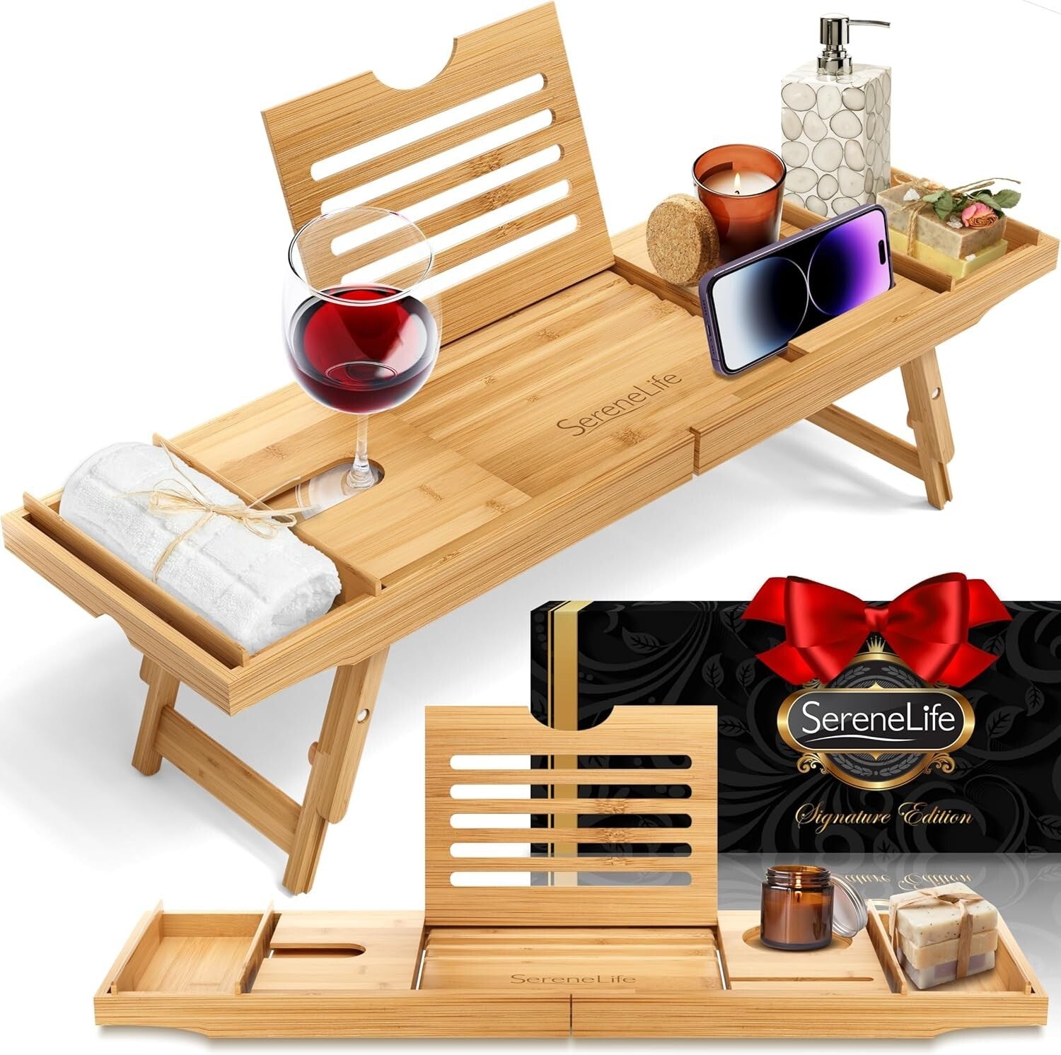 Elegant Bamboo Bath Caddy with Sliding Arms & Gift Box - Perfect for Relaxation