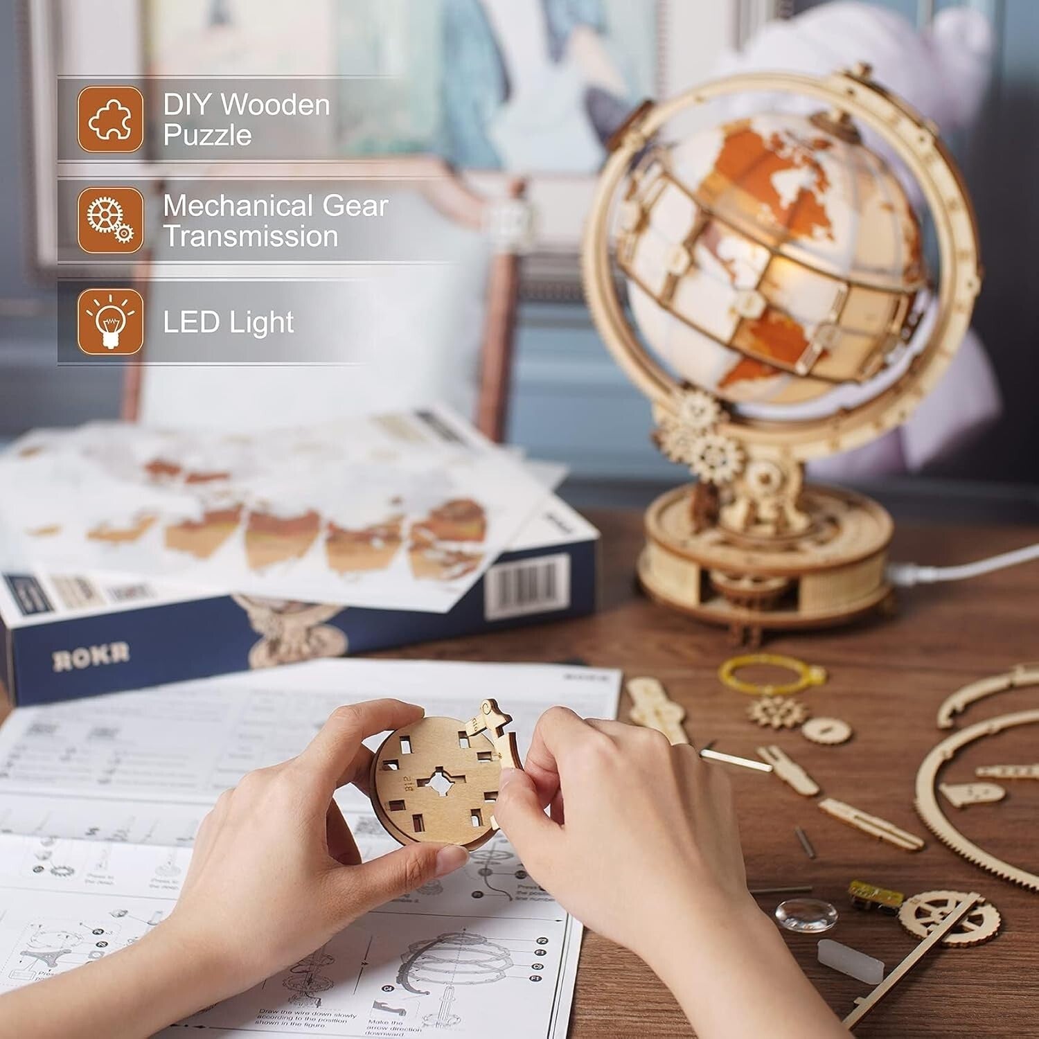 Educational 180pcs 3D Wooden Puzzle Globe with LED: Perfect for Home Decoration
