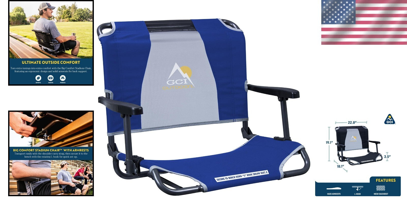 Comfortable Royal Blue Stadium Chair with Armrests - Maximum Support & Style