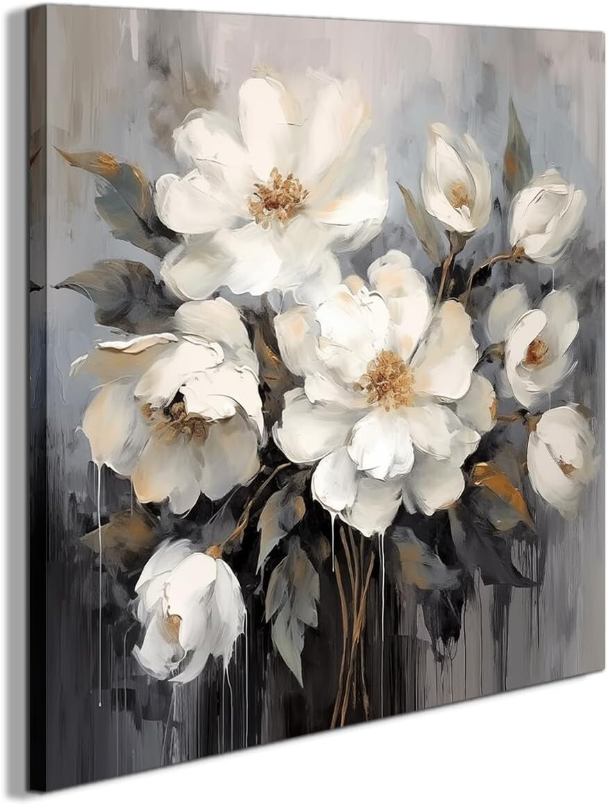 Elegant 24x24in White and Gray Flower Canvas Wall Art for Home Decor