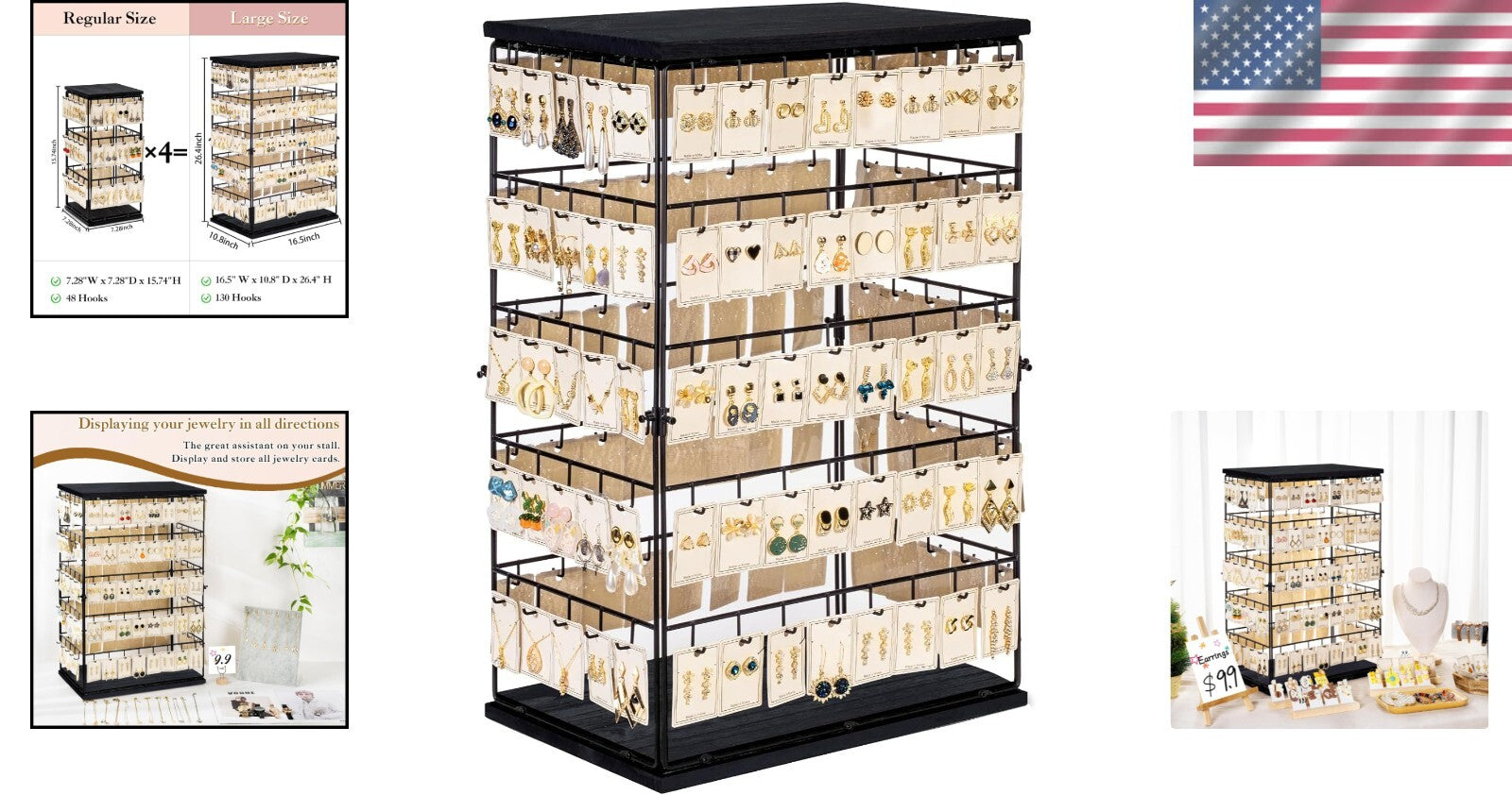 Rustic Earring Display Stand with 130 Hooks - Large Jewelry Organizer Tower