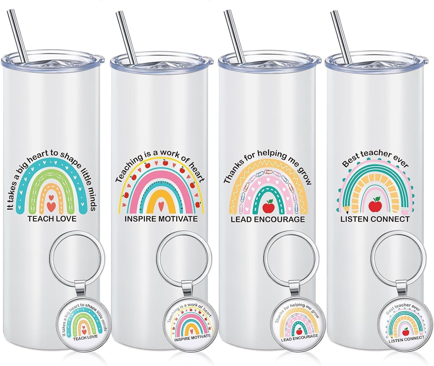 Elegant Insulated Teacher Travel Mugs & Keychains - Set of 4 in Rainbow Style