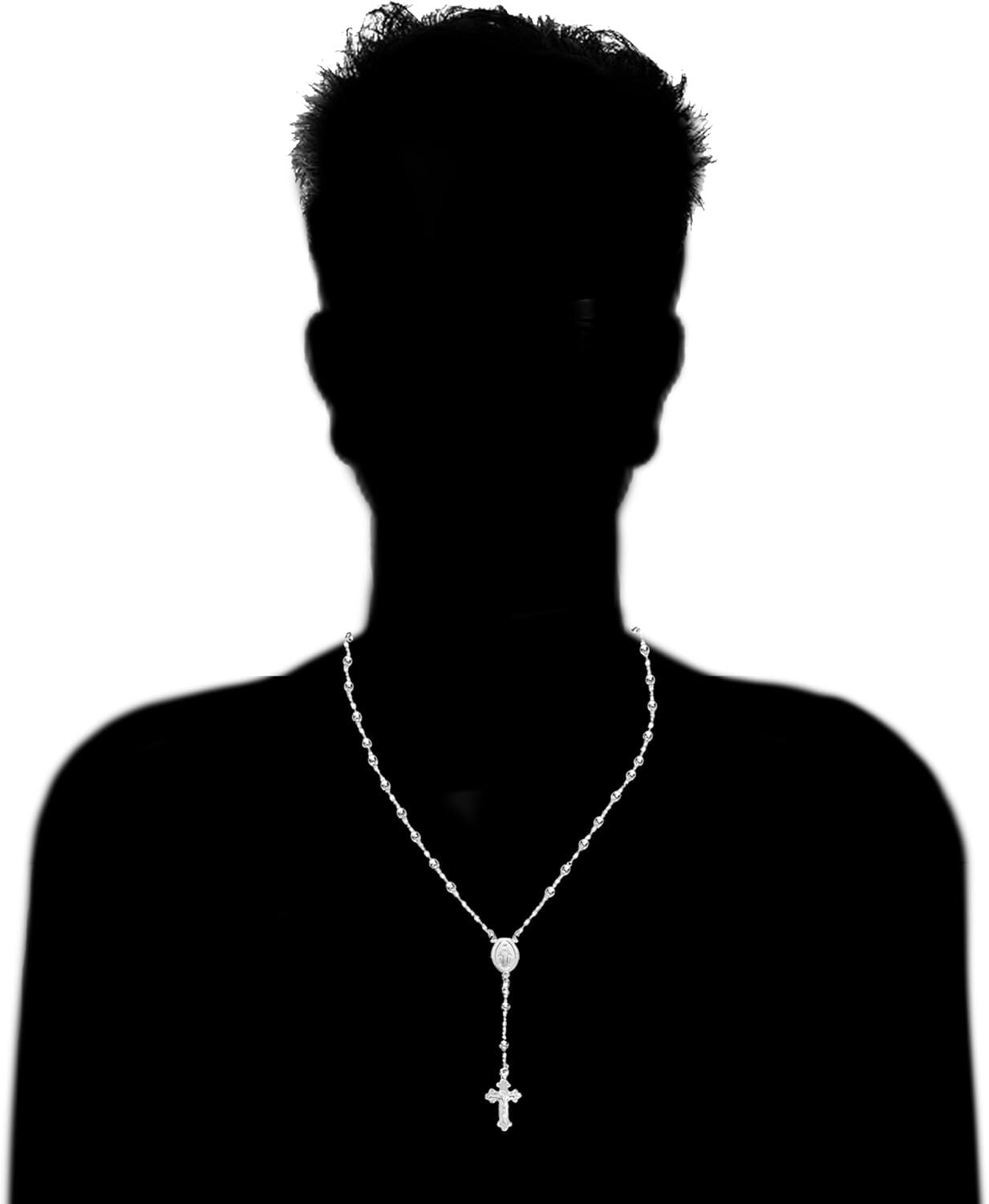 Elegant 30-Inch 925 Sterling Silver Rosary Necklace with Virgin Mary Pendant