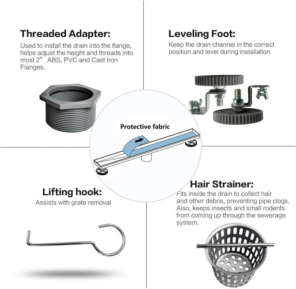 Elegant Brushed Stainless Steel Shower Drain - 48'' Linear with Adjustable Feet