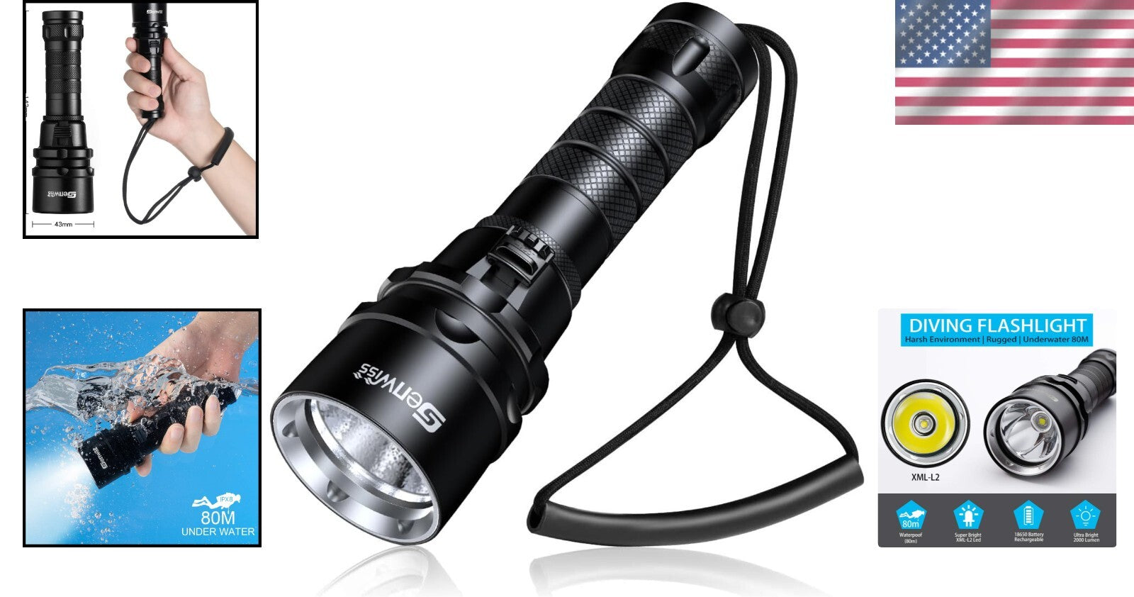 2000 Lumen Waterproof Diving Flashlight - Rechargeable LED Torch for Adventures