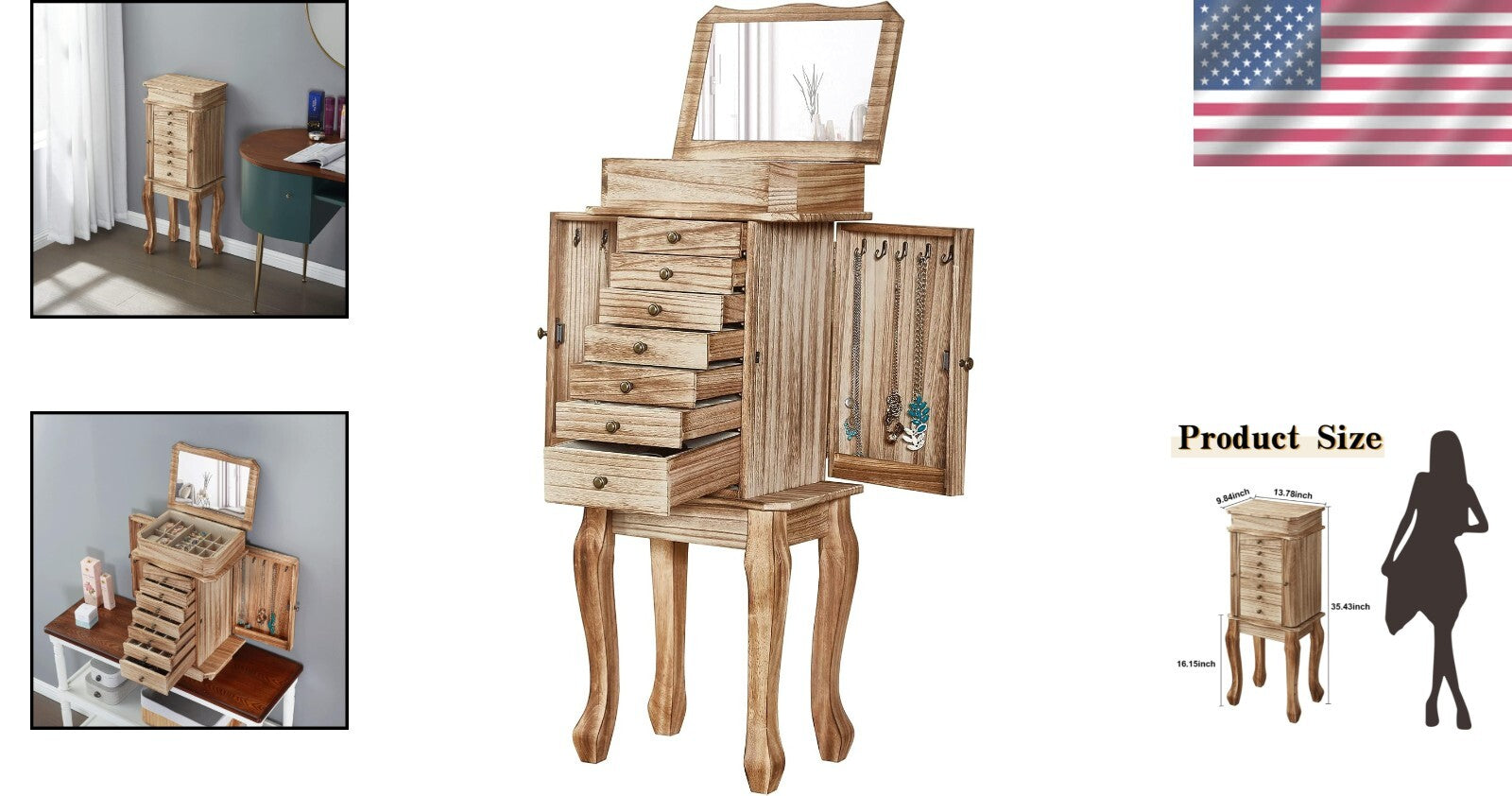 Elegant Jewelry Chest with 7 Drawers & Mirror - Freestanding Rustic Wood Design