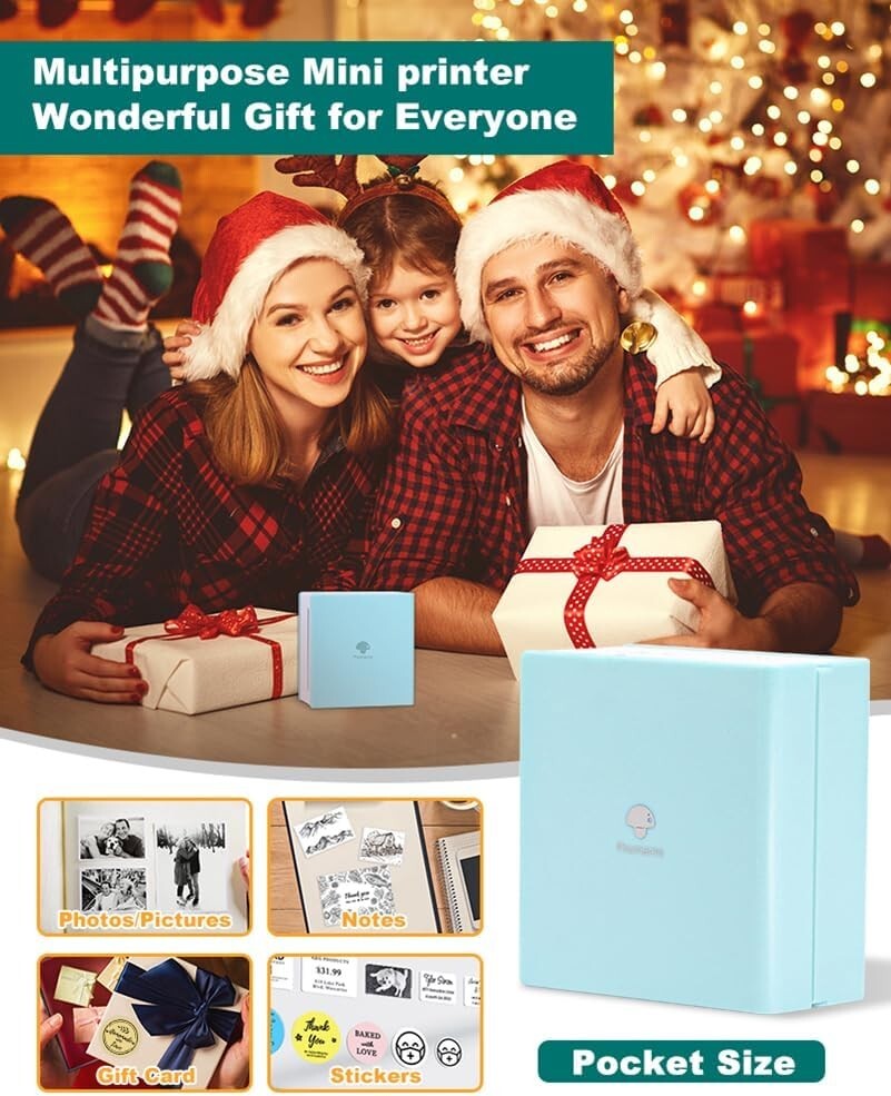 Cyan Mini Bluetooth Sticker Printer - Thermal Print Pods with 3 Paper Rolls