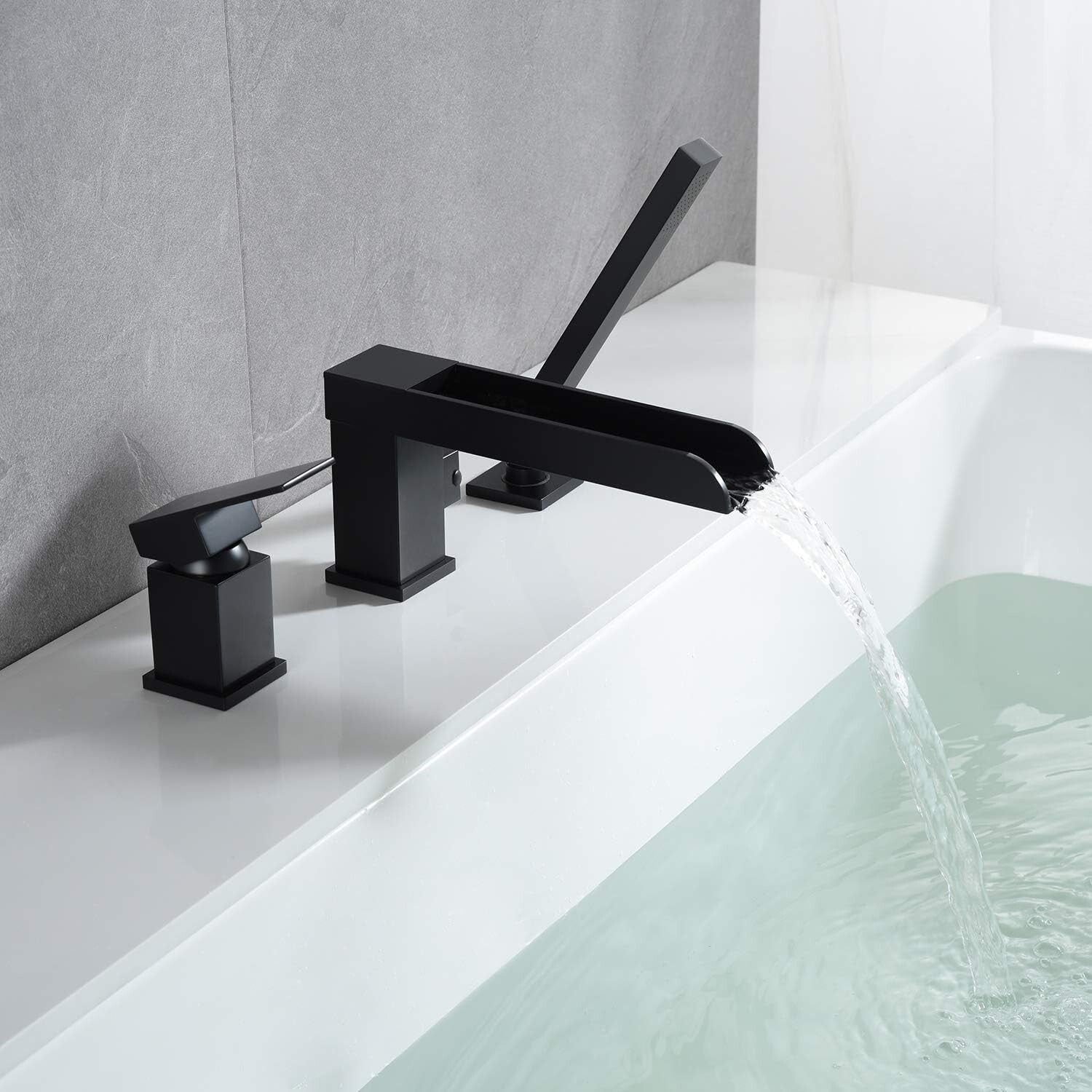 360° Swivel Spout Black Tub Faucet with Hand Shower – Brass Deck Mount Design