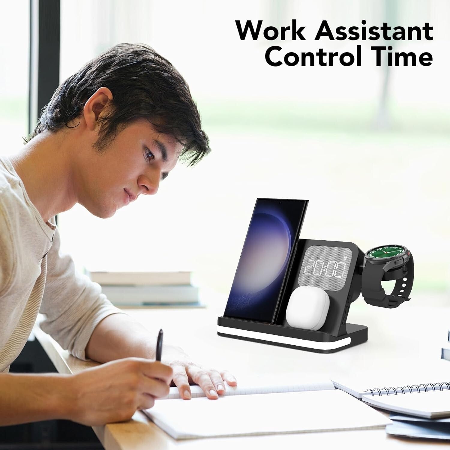 Compact Wireless Charging Station with Alarm Clock for Galaxy Watches/Samsung