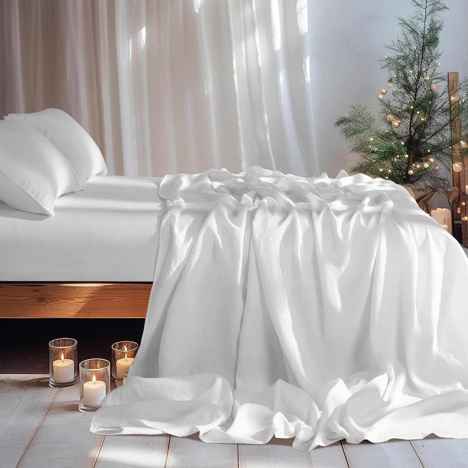 Luxurious 100% Linen King Size Bed Sheet Set - 4 Piece Solid White Bedding