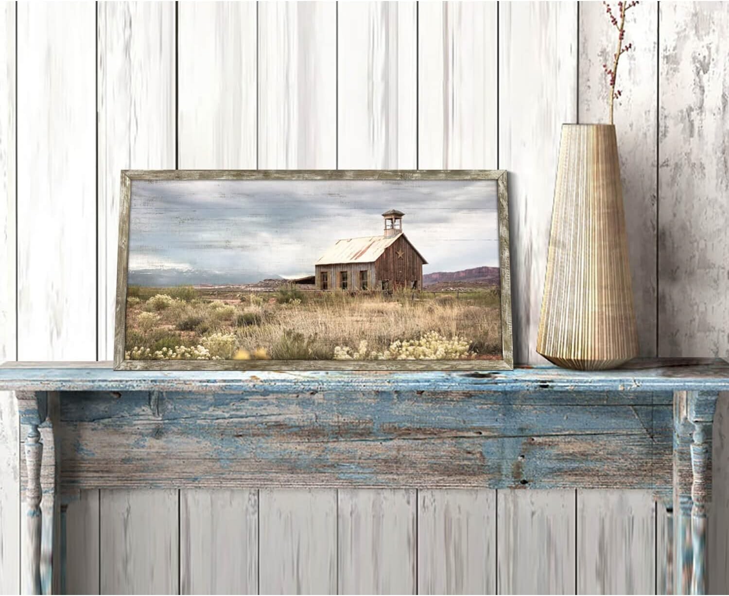 Country View Wall Art: Elegant 24x12 Rustic Barn Framed Picture for Living Room
