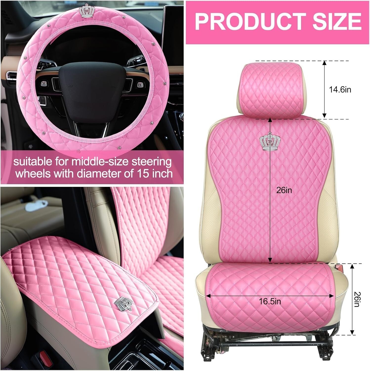Elegant 14-Piece Pink Car Accessory Collection with Rhinestone Steering Wheel