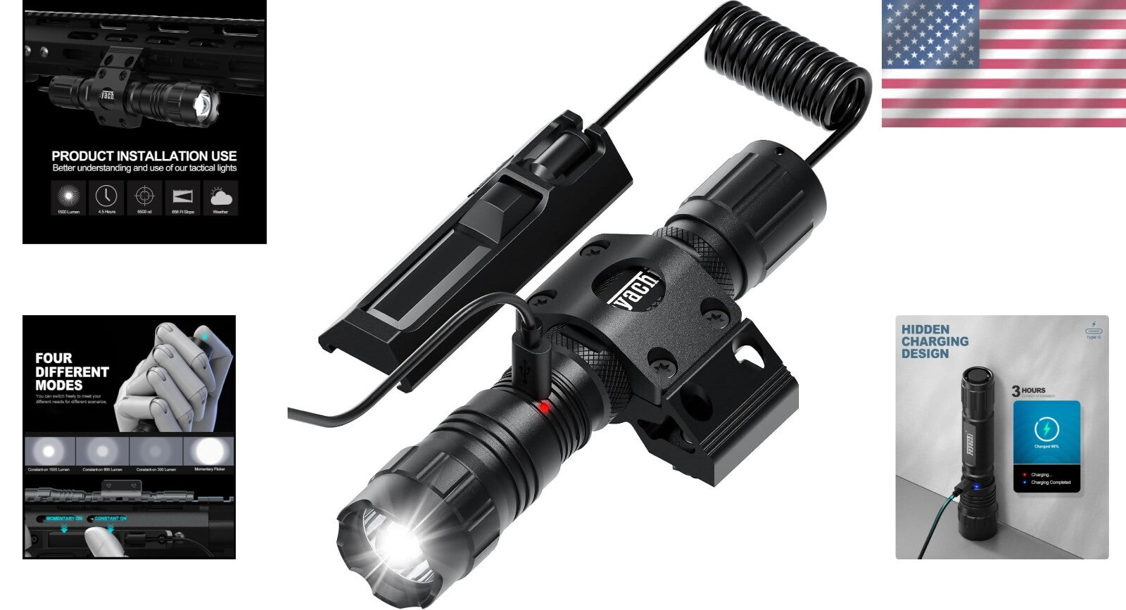 Rechargeable Tactical Light 1500 Lumens - 4 Modes with Pressure Switch & Mount