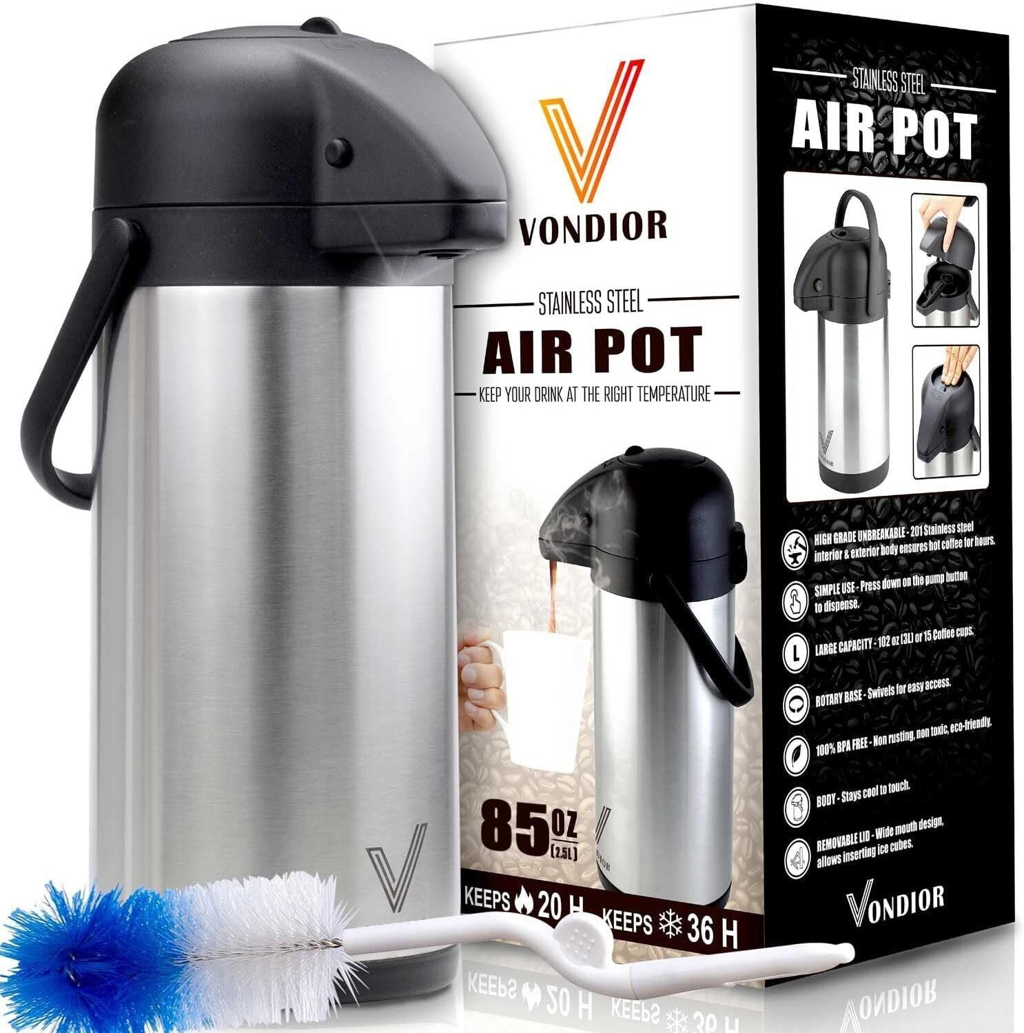 Insulated 85 oz Stainless Steel Coffee Carafe with Pump - Keeps Hot for 20 Hrs