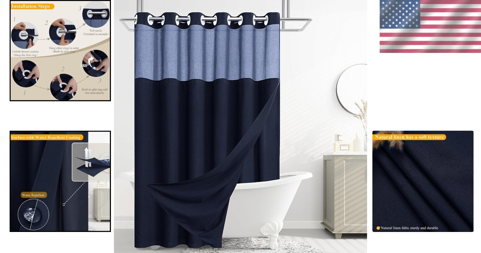 Elegant Navy Blue Shower Curtain with See-Through Top Window - Easy Installation