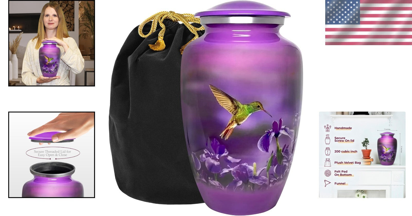 Elegant Hummingbird Cremation Urn for Adult Ashes - Large 200 lbs Capacity