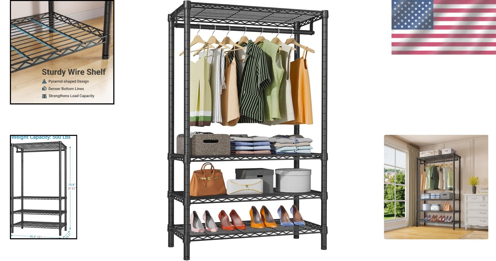 Freestanding 4-Tier Clothes Rack - Portable, Durable, 500 lbs Load Capacity