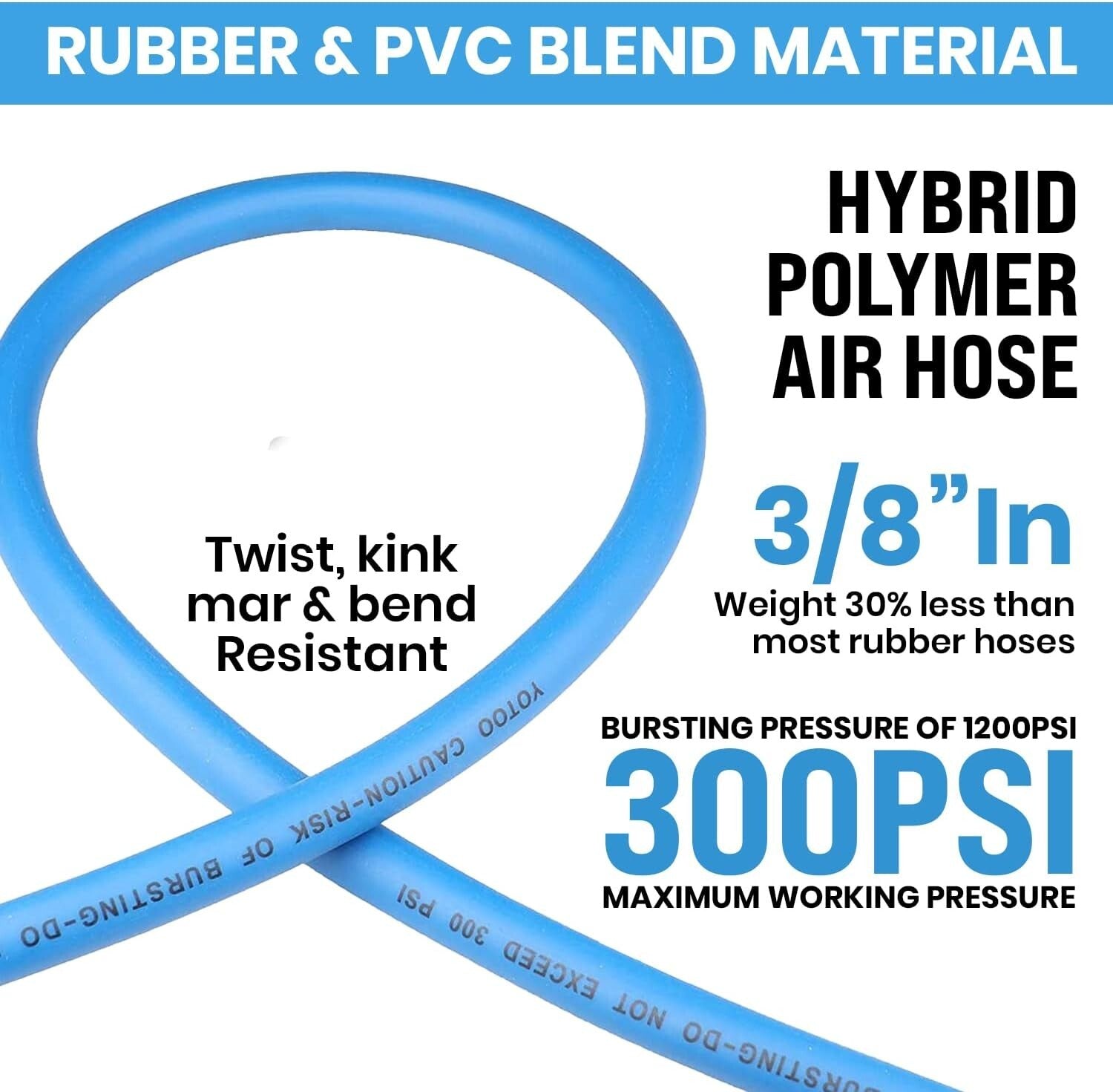 300 PSI Flexible Air Hose 3/8" x 100ft - Kink Resistant for Ultimate Durability