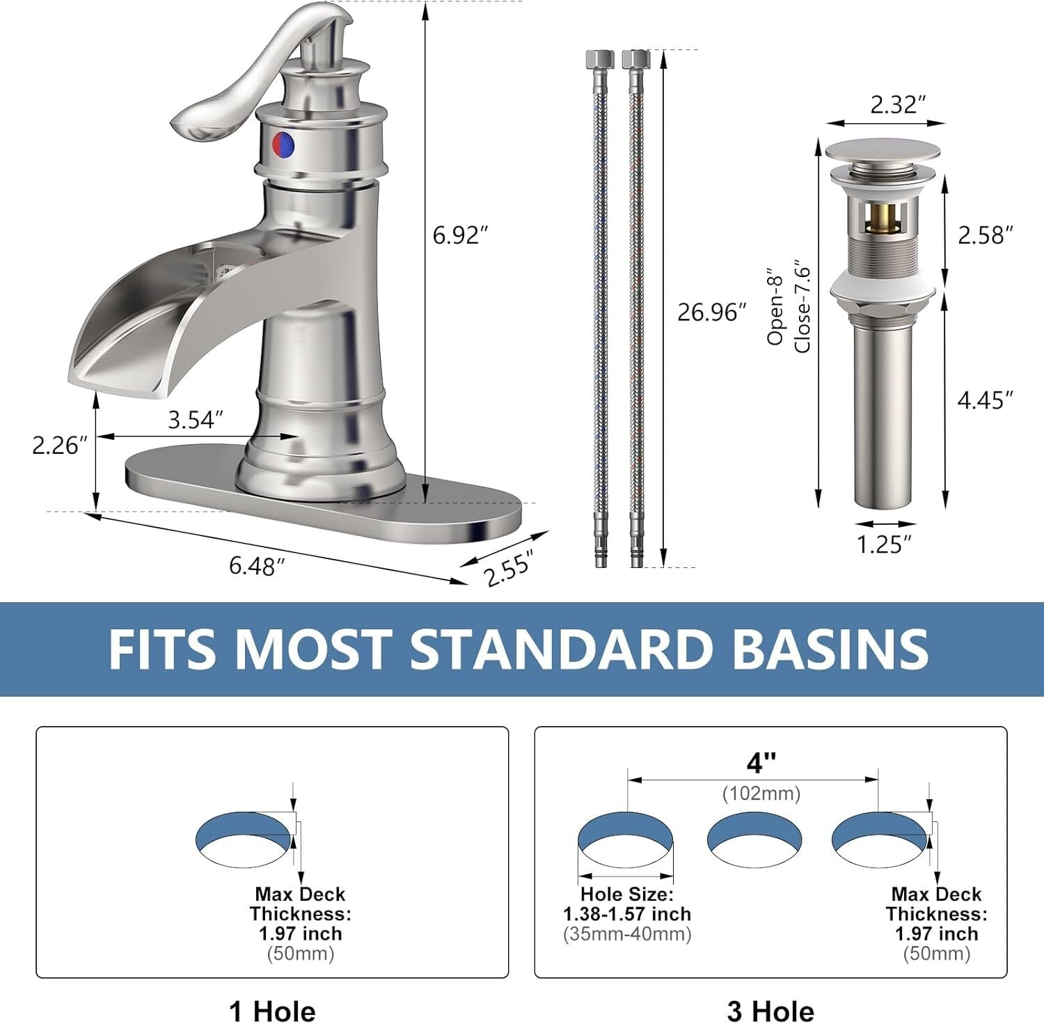 Durable Waterfall Spout Bathroom Faucet - Single Handle Brushed Nickel Finish