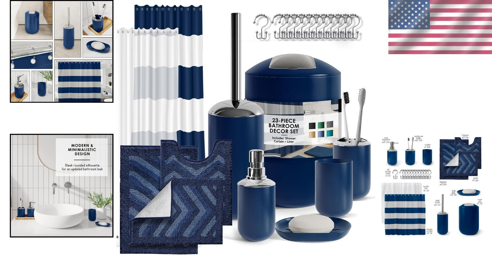 Navy Chevron 23PC Bath Set: Shower Curtain, Rugs & Essentials for Stylish Spaces