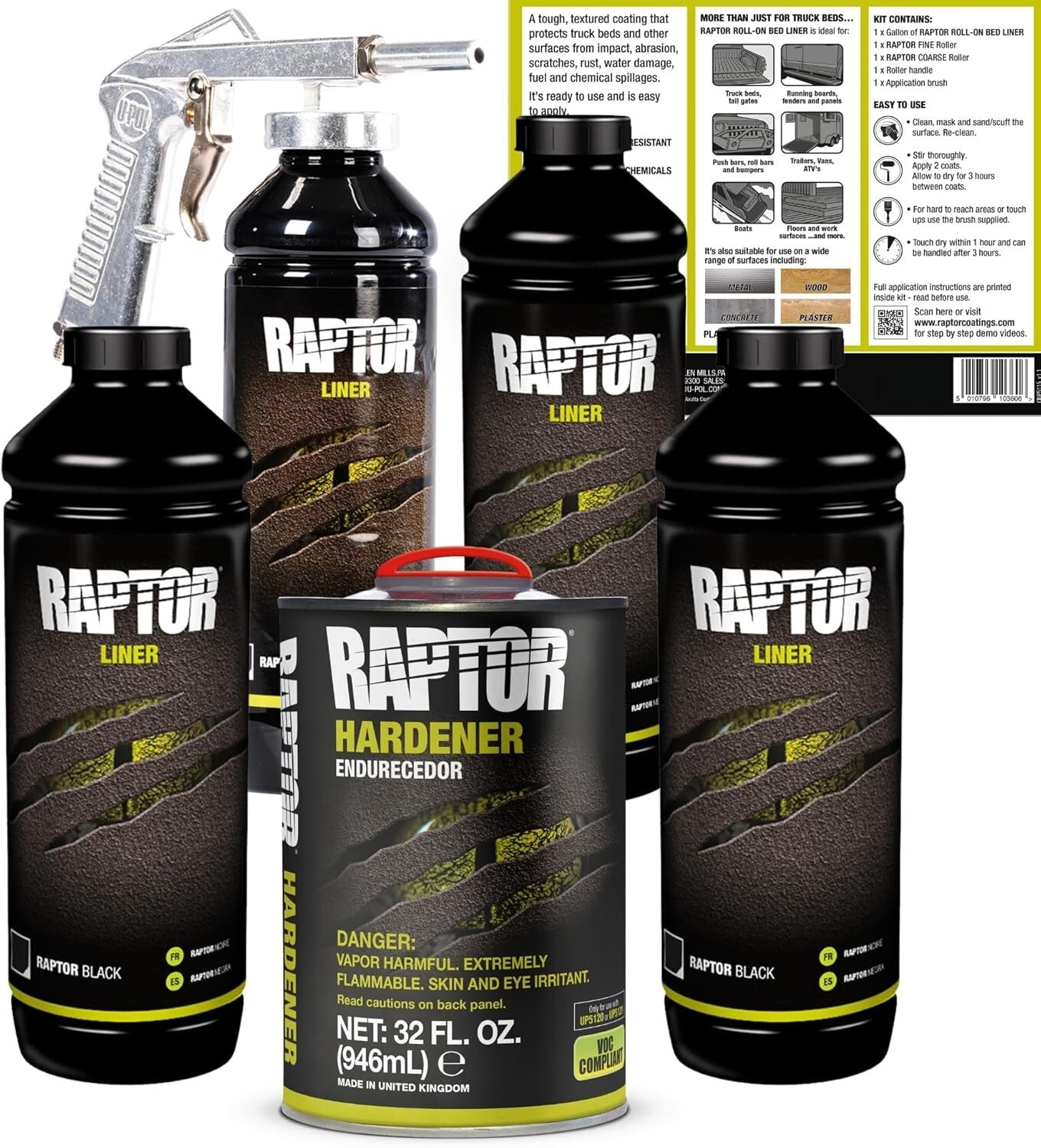 Raptor Tough Spray-On Bed Liner Kit with Rapid-Drying Flexibility for Trucks