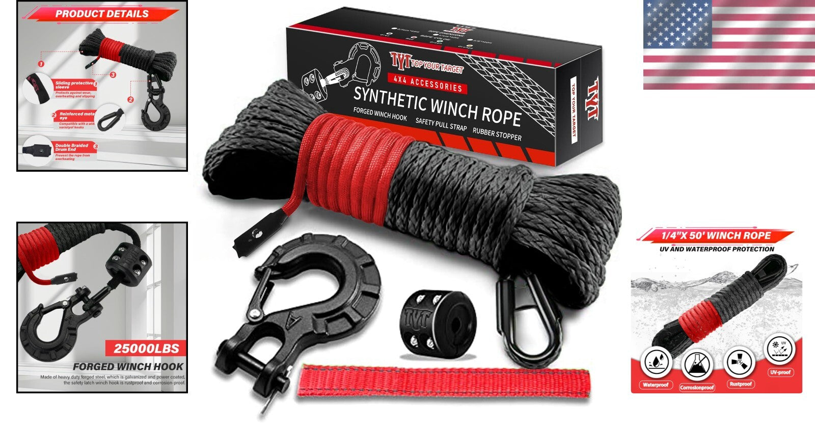 1/4''x50' Synthetic Winch Rope with Hook & Safety Strap - 35000 Lbs Strength