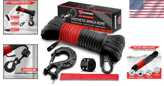 1/4''x50' Synthetic Winch Rope with Hook & Safety Strap - 35000 Lbs Strength