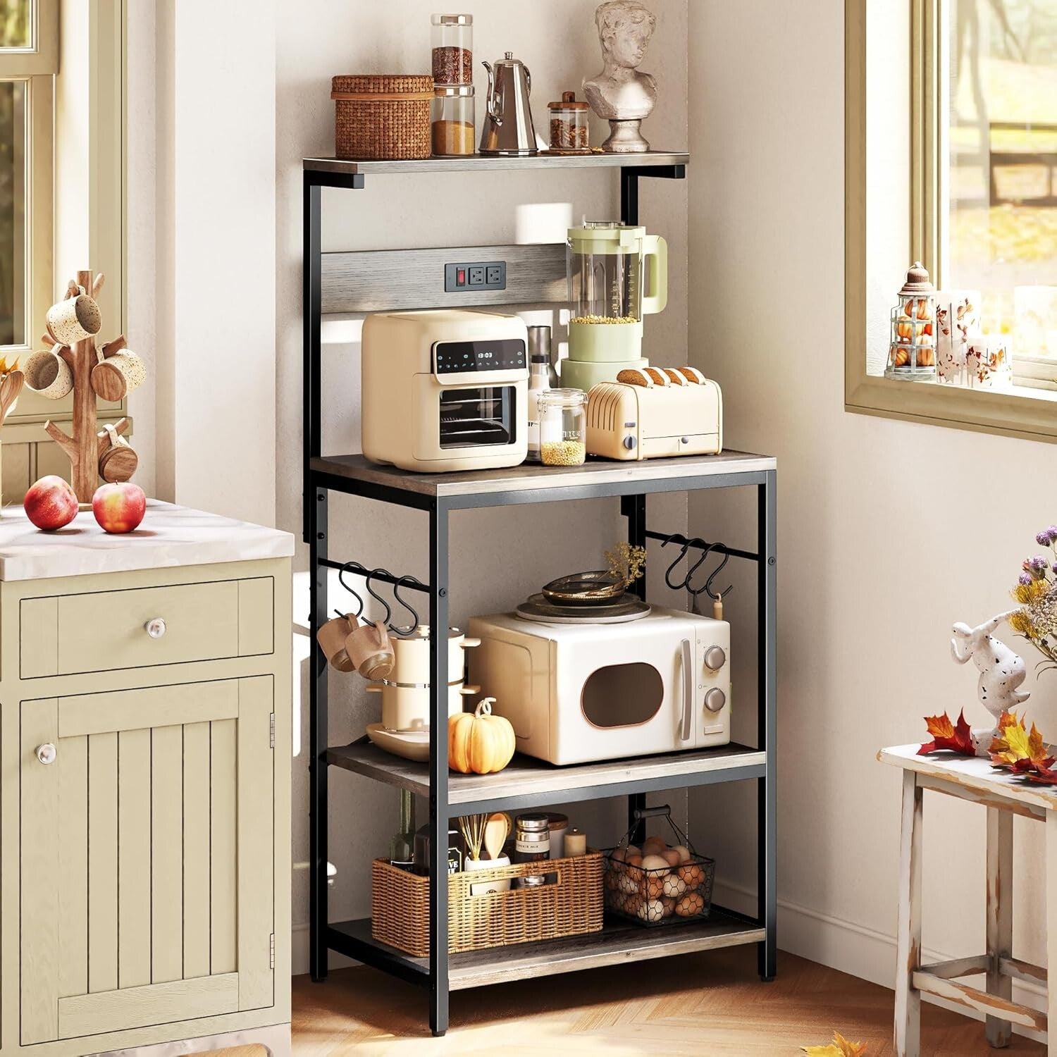 Versatile Kitchen Bakers Rack with Power Outlets & 6 Hooks for Easy Organization