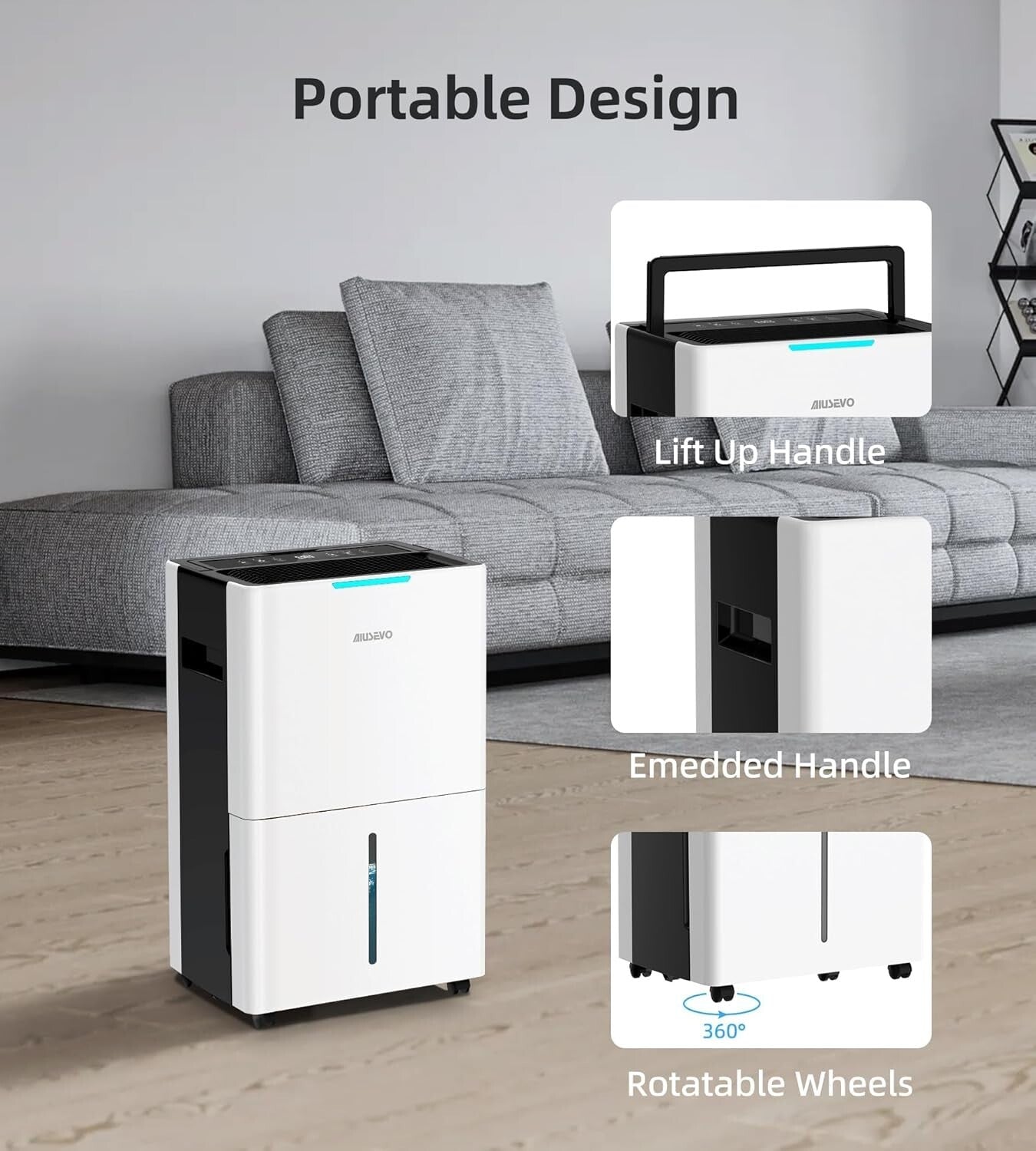 Portable 5000 Sq. Ft Dehumidifier with Continuous Drainage & Three Modes