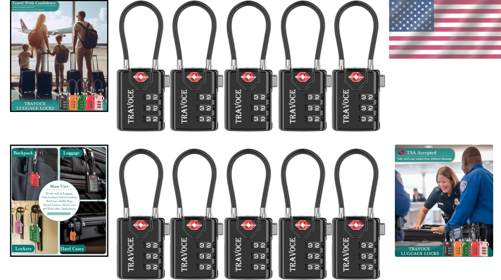 Effortless Combination Setting TSA Approved Cable Locks for Suitcase – 2 Pack