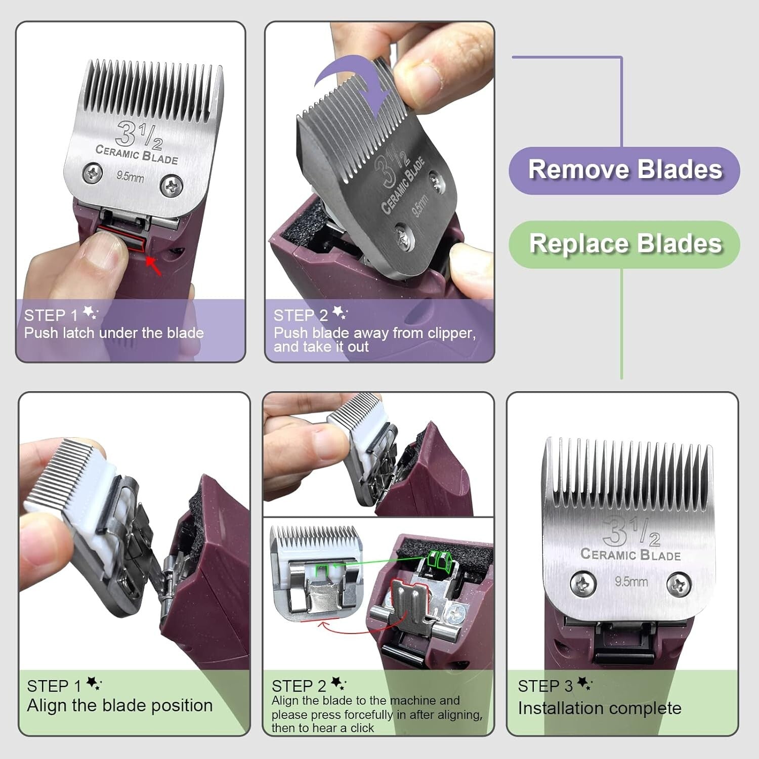 Quiet Detachable Clip Blades Set - Compatible with Andis/Oster Clippers, 3-1/2"
