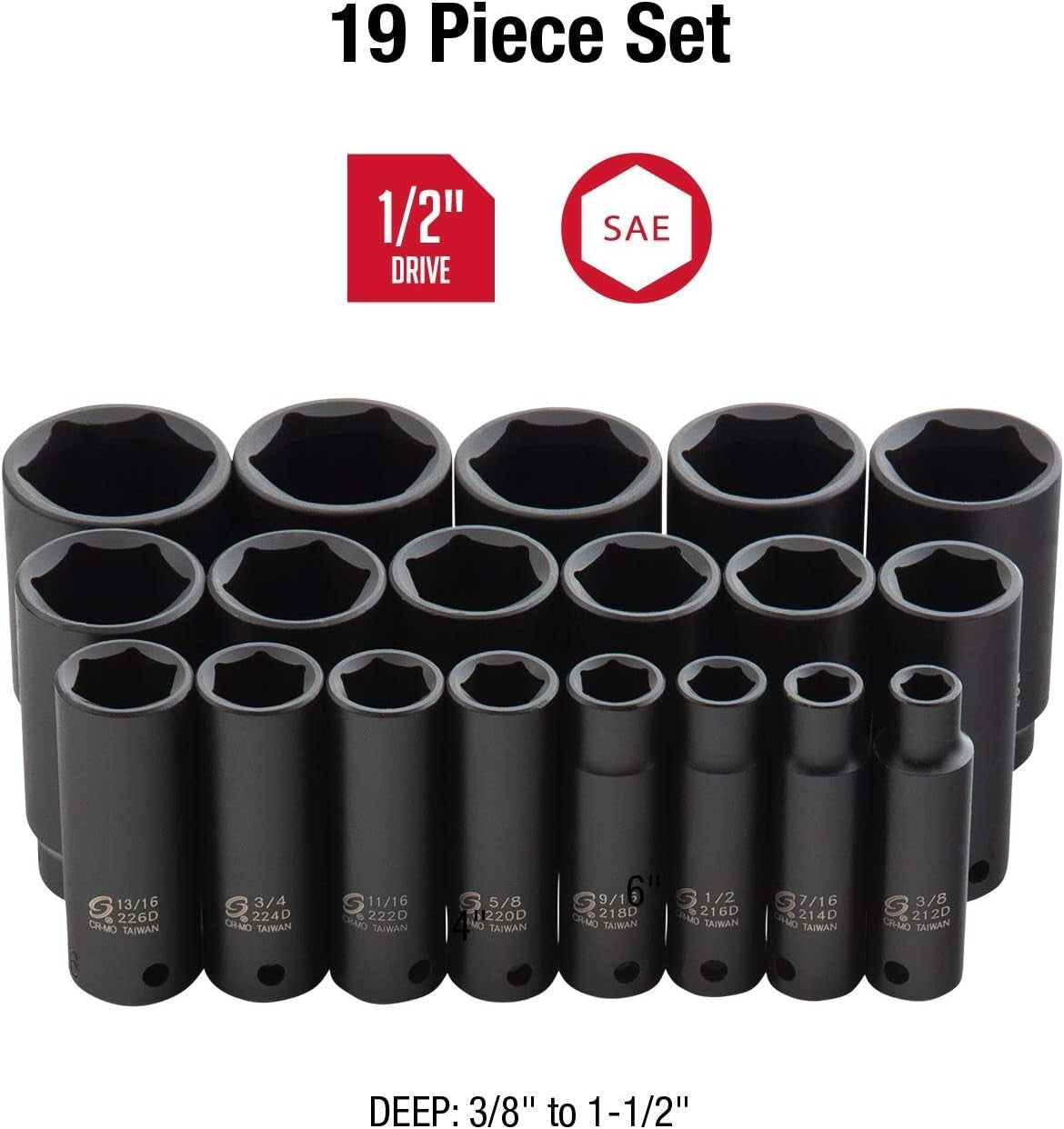 Professional 1/2 Inch Drive SAE Deep Impact Socket Set with Storage Case