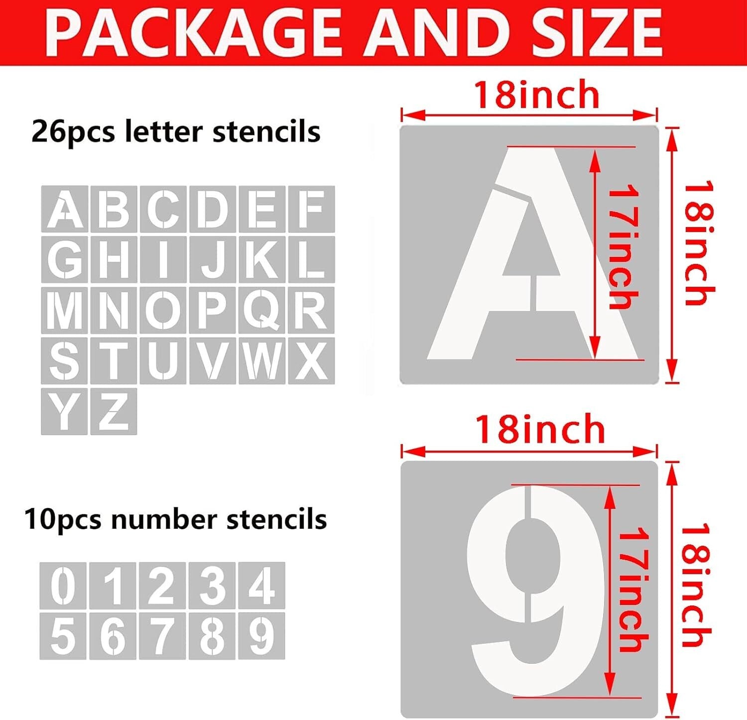 Classic 18-Inch Stencil Set - 36 Reusable Plastic Templates for DIY Projects